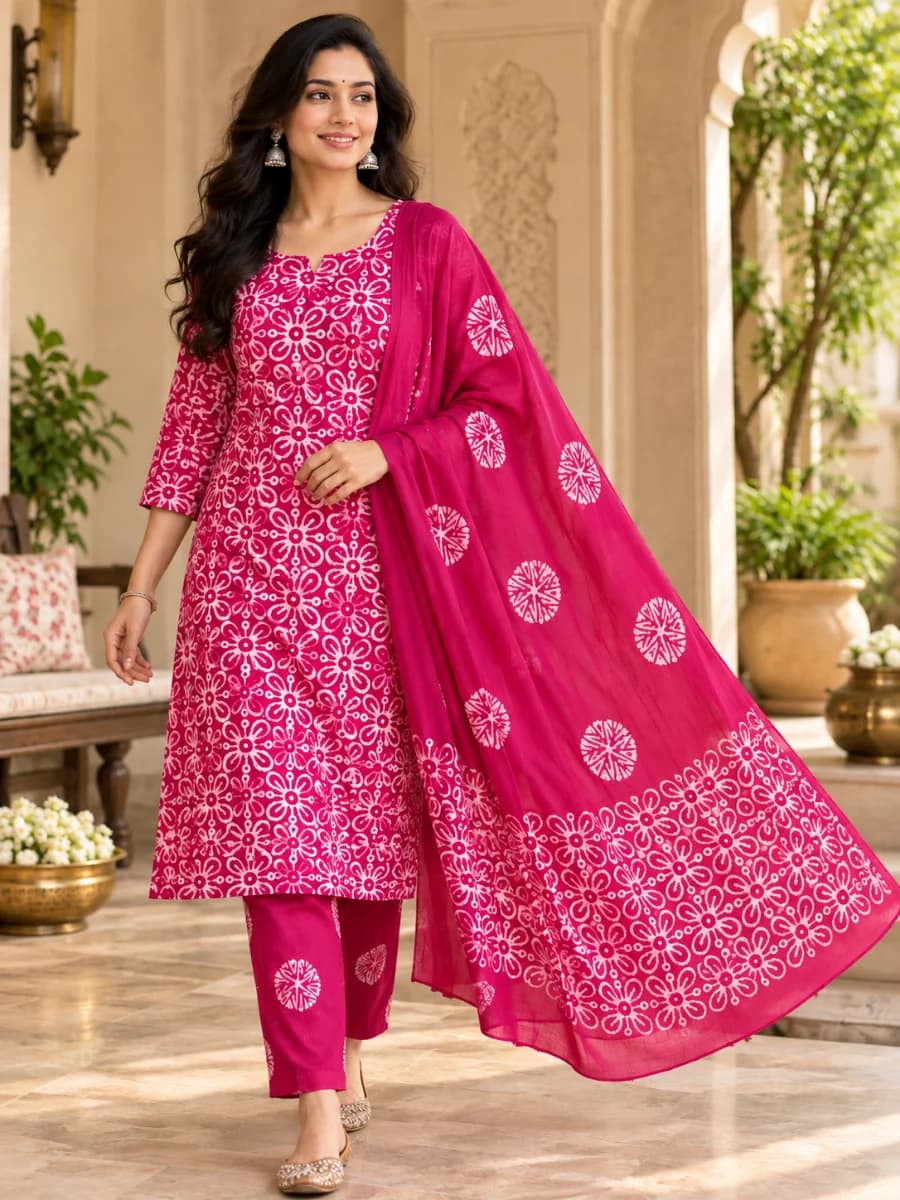 White & Medium Pink Batik Print Women Clothing
