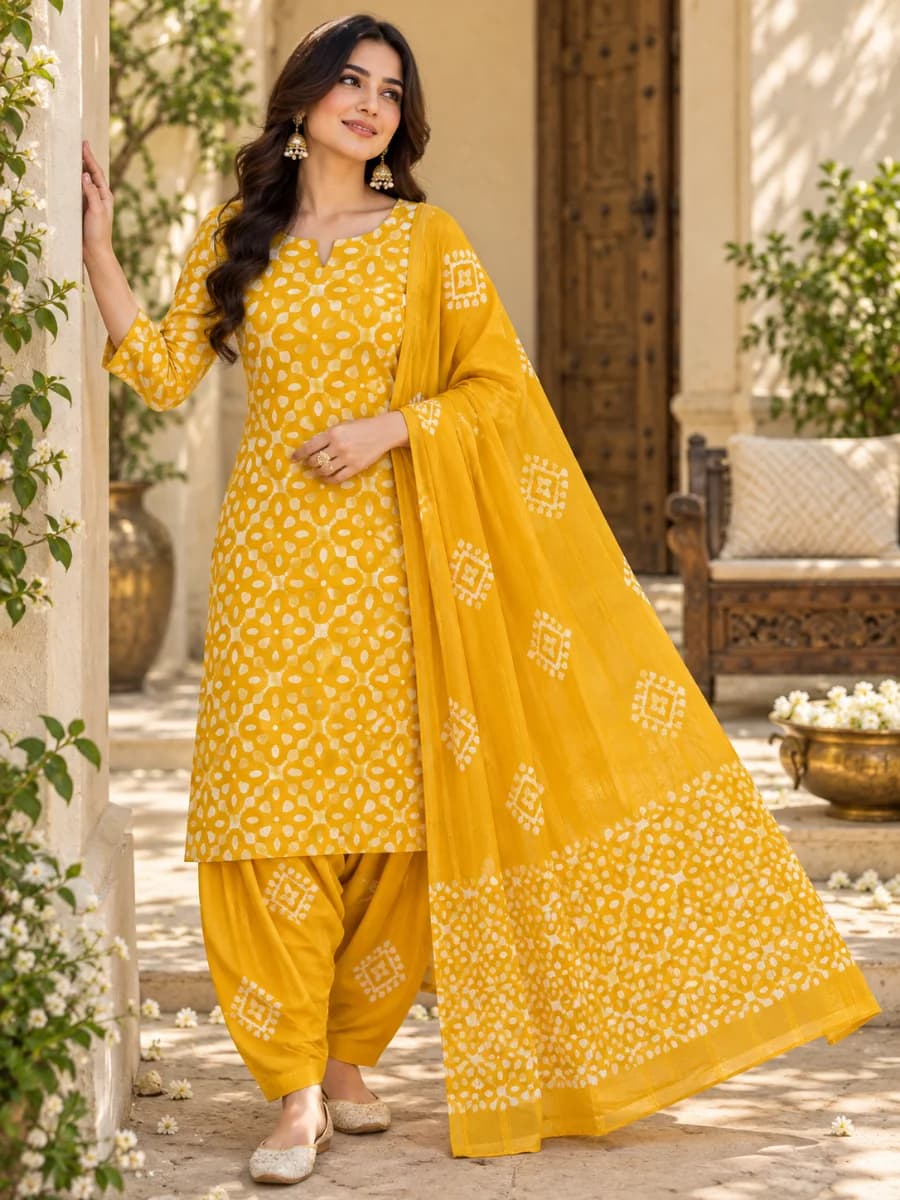 White & Yellow Batik Prints Cotton Dress for Women