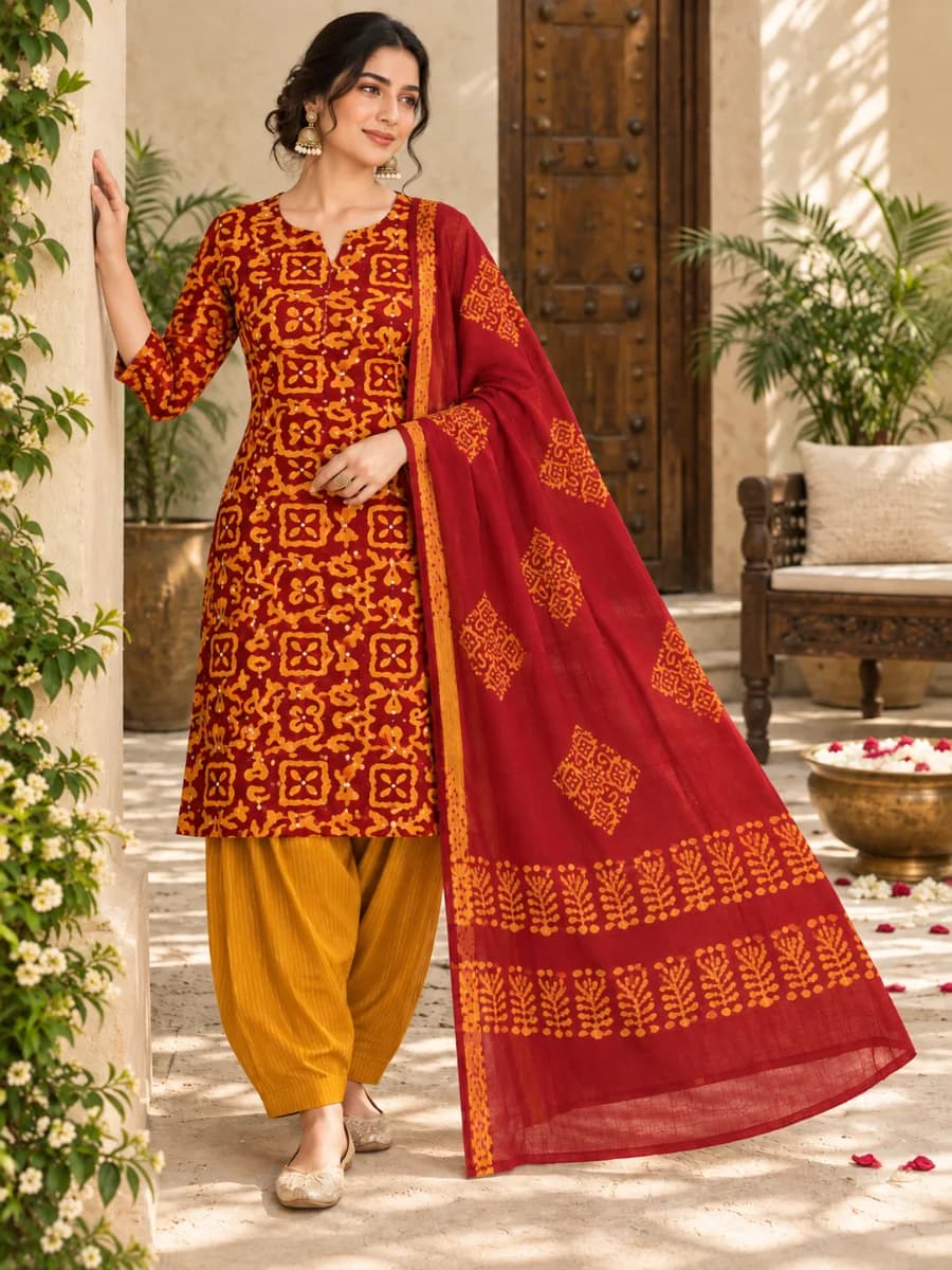 Red & Yellow Kaatha Batik Prints Cotton Dress for Women
