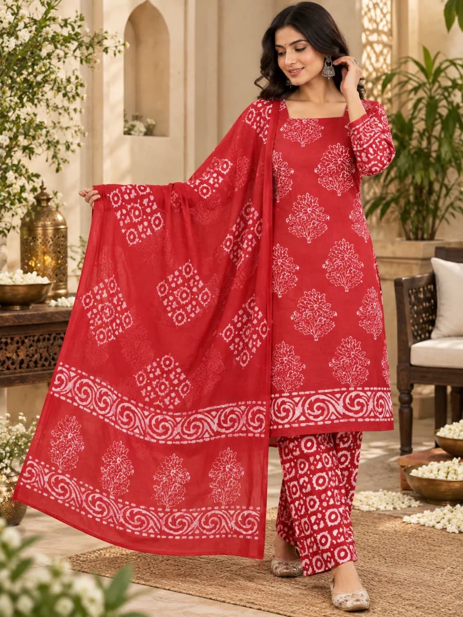 Peach & Copper Block Batik Prints Cotton Dress for Women