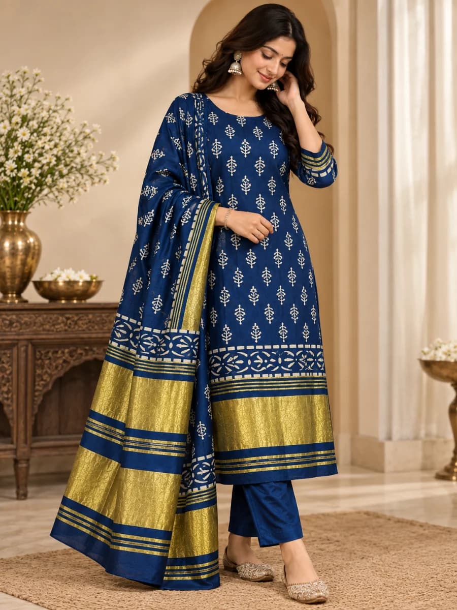 Blue Discharge Print Batik Print Ethnic Wear for Women