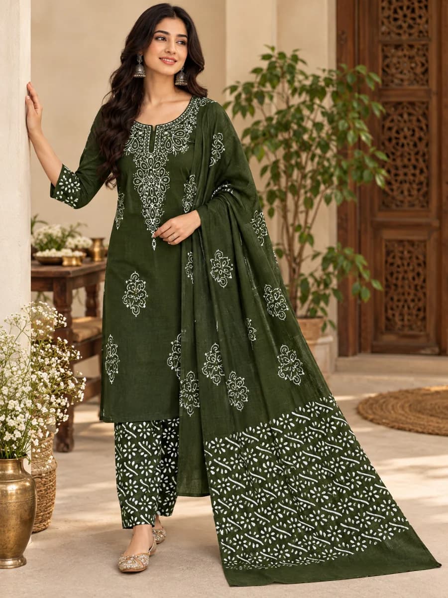 Dark Mehandi Green Copper Gala Batik Ethnic Wear for Women