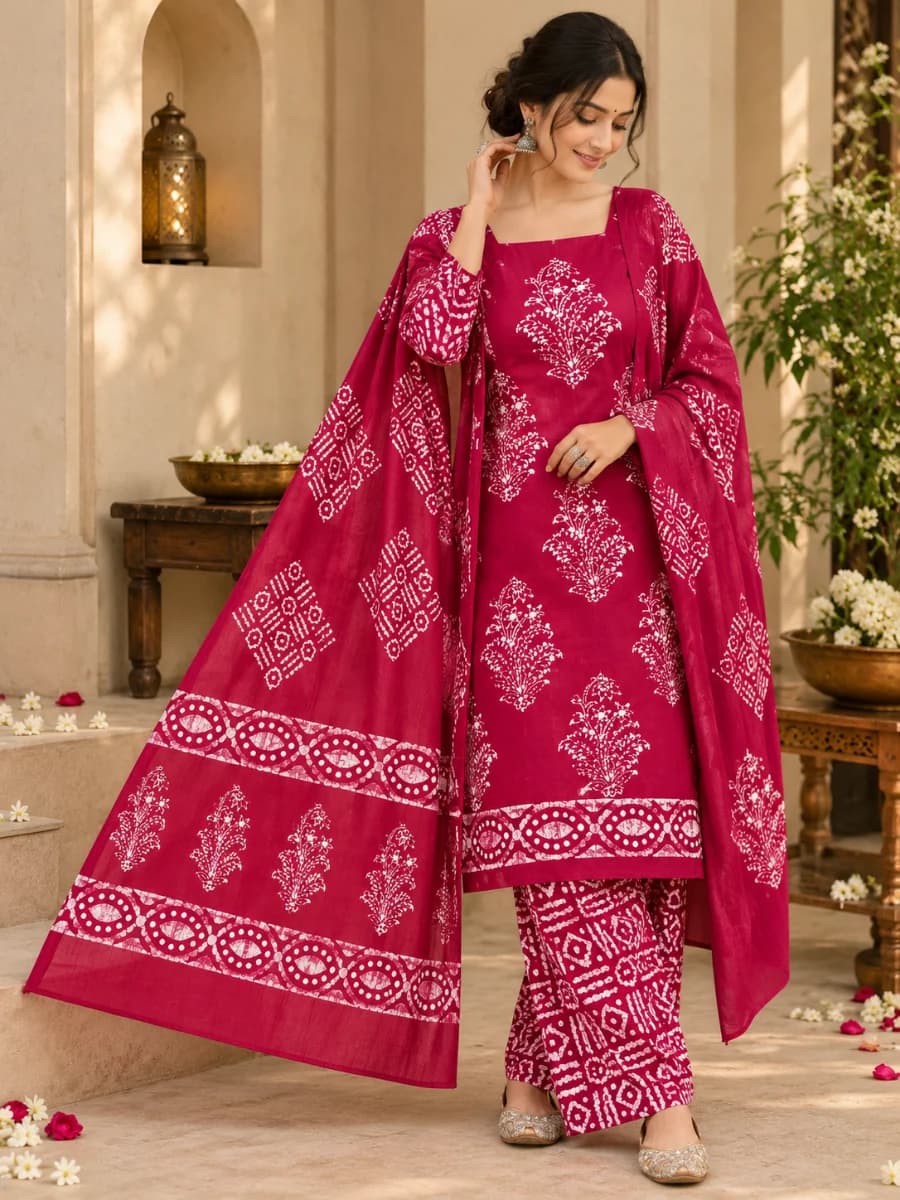 Dark Pink & Copper Block Batik Prints Cotton Dress for Women