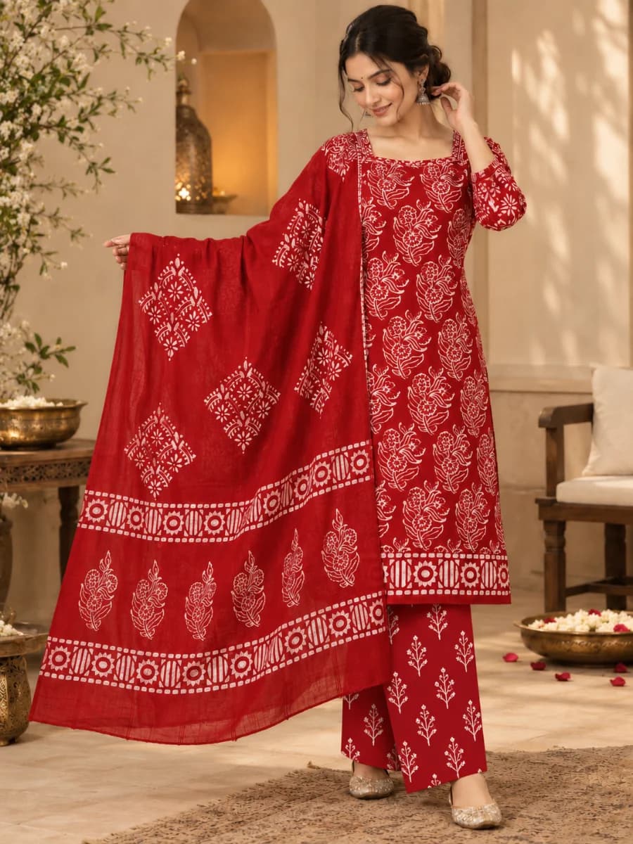 Red & Copper Block Batik Prints Cotton Dress for Women