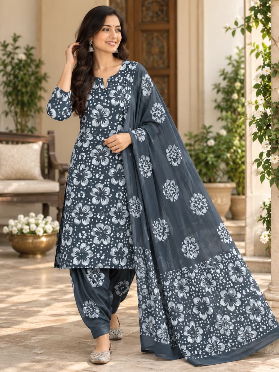 White & Grey Batik Print Women Clothing