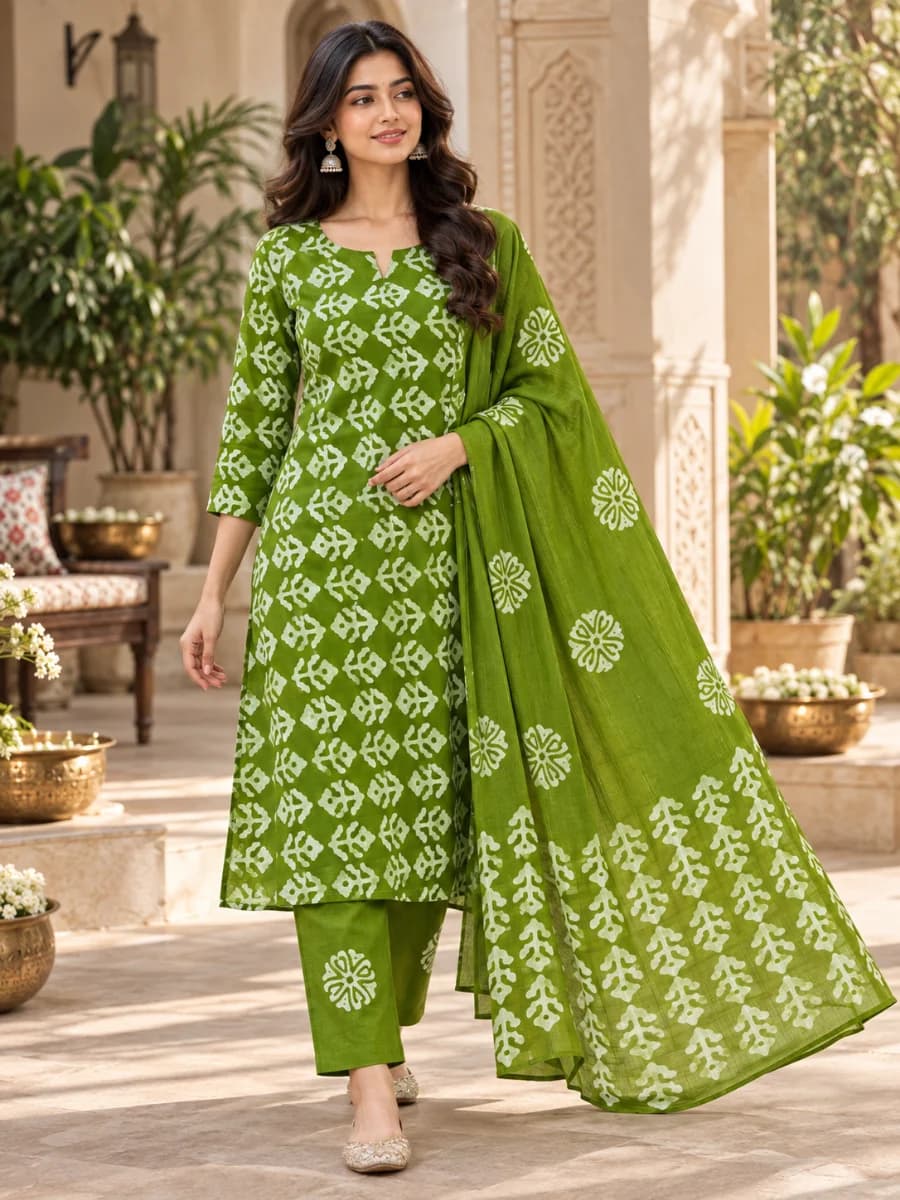 White & Green Batik Print Women Clothing