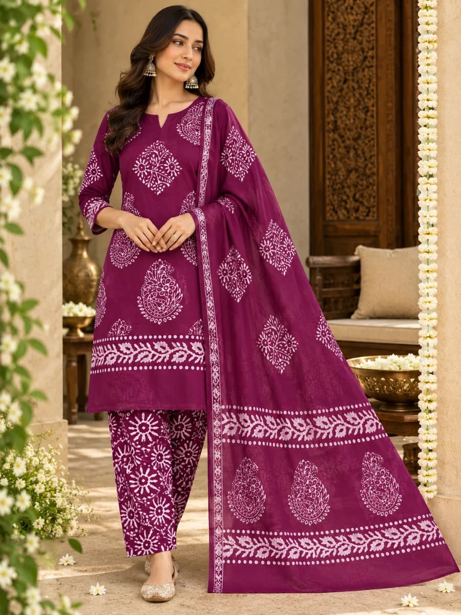 Onion & Copper Block Batik Prints Cotton Dress for Women
