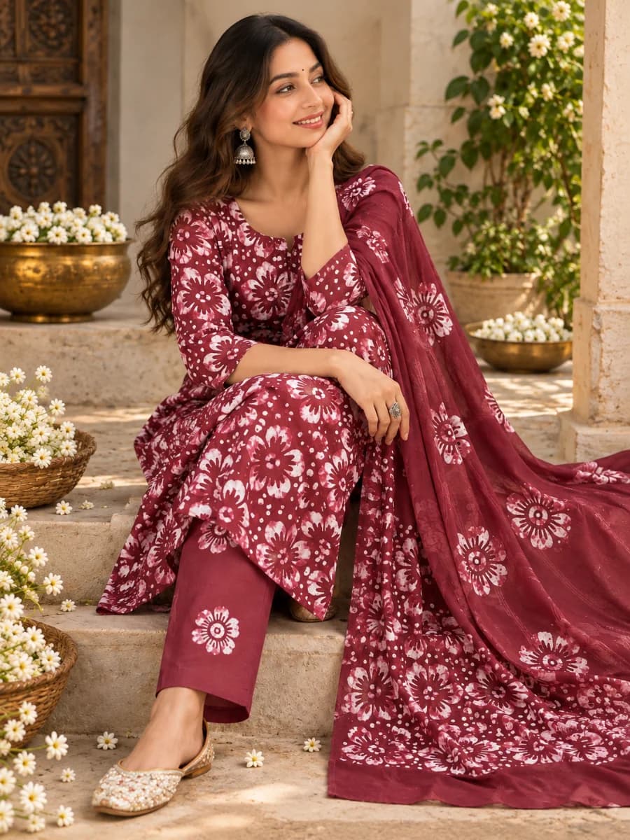 White & Beige Batik Print Women Clothing