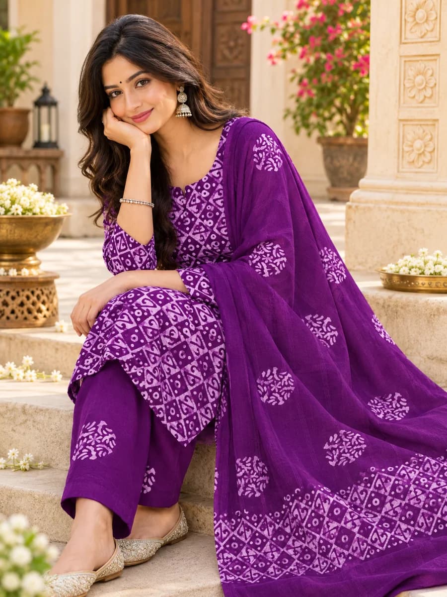 White & Violet Batik Print Women Clothing