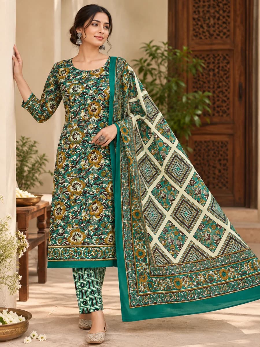 Rama Green Kalamkari Batik Ethnic Wear for Women