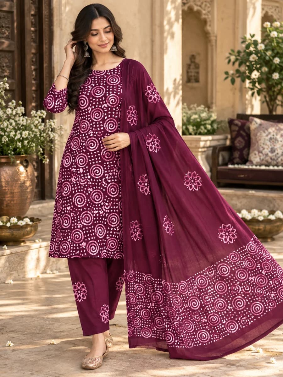 White & Purple Batik Print Women Clothing