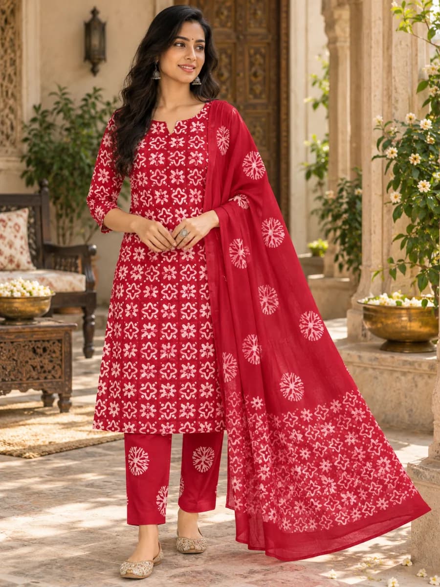 White & Peach Batik Prints Cotton Dress for Women
