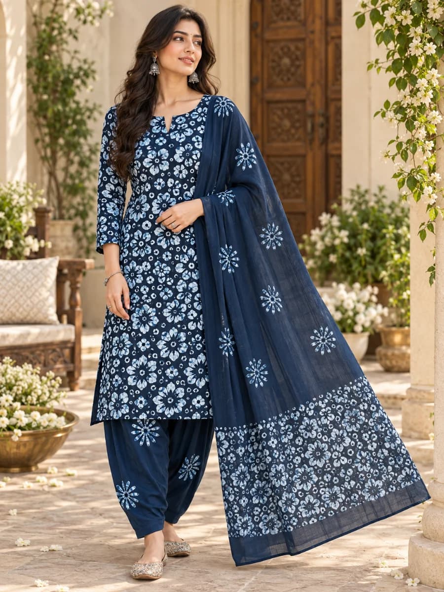 White & Navy Blue Batik Prints Cotton Dress for Women